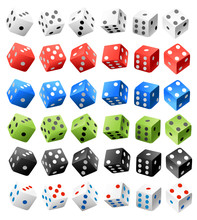 Vector Casino Dice Set Of Authentic Icons. Red, Black, Green, Blue And White Poker Cubes. Several Positions. Vector Illustration Isolated On White Background