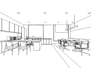 interior outline sketch drawing perspective office