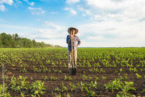 Fotografía Happy small farmer with spade in spring field
