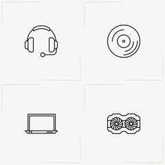 Computer line icon set with compact disk, computer headphone  and hard disk fan