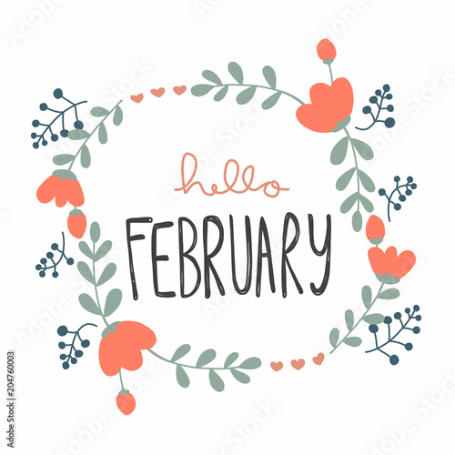 Hello February Cute Flower Wreath Vector Illustration Doodle Style