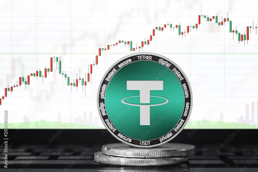TETHER (USDT) cryptocurrency; physical concept tether coin on the background of the chart