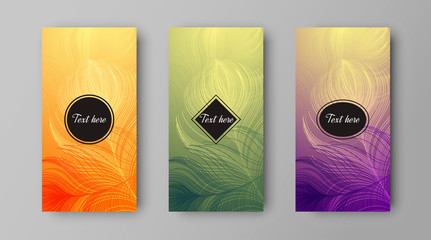 Vector design of leaflets with print of colorful peacock feathers