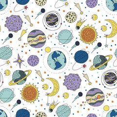 Wall Mural - seamless pattern with cosmos doodle illustrations.