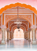 Jaipur City Palace In Jaipur City, Rajasthan, India. An UNESCO World Heritage Know As Beautiful Pink Color Architectural Elements. A Famous Destination In India.