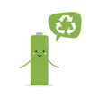 Cute cartoon battery character giving advice to recycle used batteries.