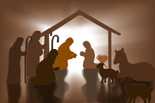 Christian Christmas Nativity Scene Of Baby Jesus In The Manger With Mary And Joseph In Silhouette, Papers Art.