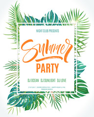 Wall Mural - Summer party poster. Hand written lettering with exotic palm leaves and plants background. Brush painted letters, modern calligraphy, vector illustration