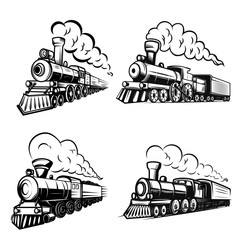 Set of retro locomotives on white background. Design elements for logo, label, emblem, sign.