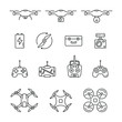 Quadrocopter and flying drone icons: thin vector icon set, black and white kit