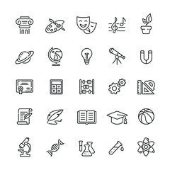 school subjects related icons: thin vector icon set, black and white kit