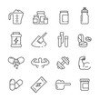 Sport supplements: thin vector icon set, black and white kit