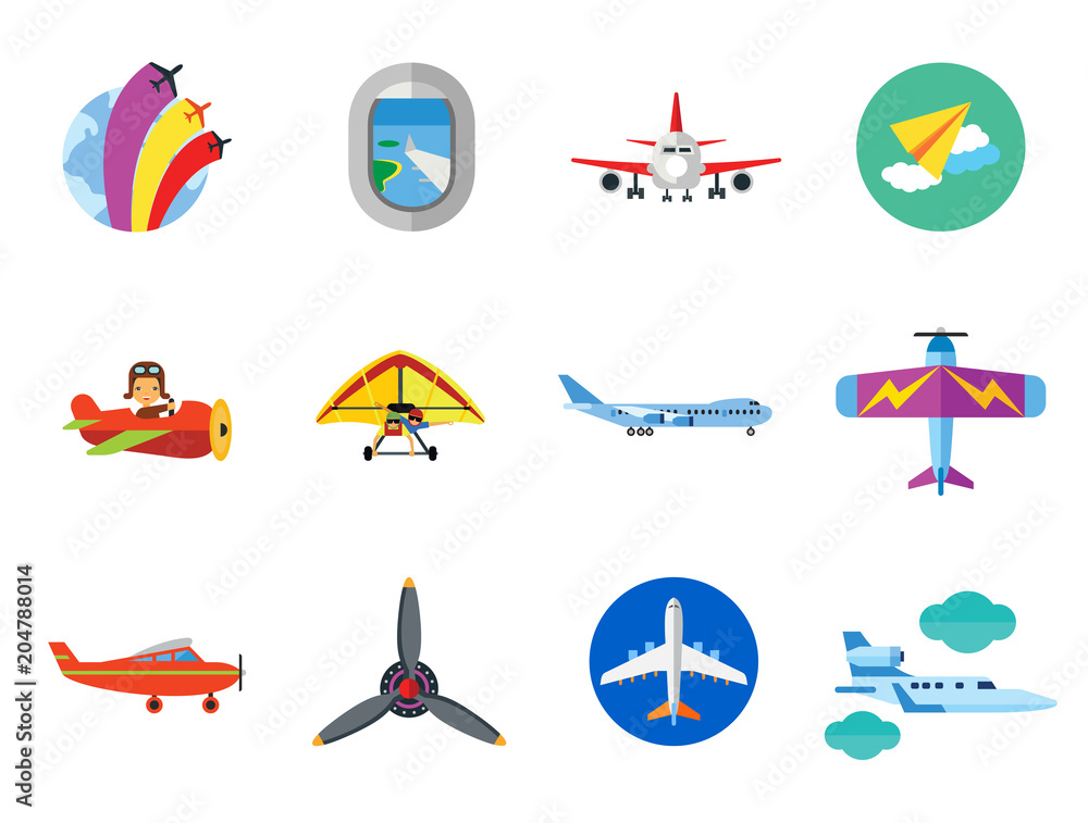 Plane Icon Set. Air Show Paper Plane Flying Machine Airplane Propeller ...