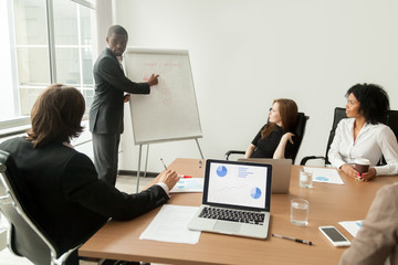 Canvas Print - African american businessman giving presentation explains new marketing plan at meeting, black business trainer coach presenting new client management strategy at office training working on flipchart