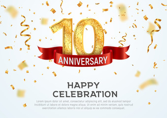 Wall Mural - 10 years anniversary vector banner template. tenth year jubilee with red ribbon and confetti on whit