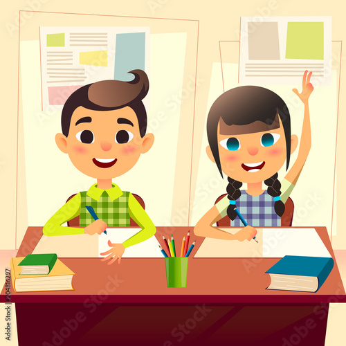 Happy Children At School Desk Kids At School In Class The Boy