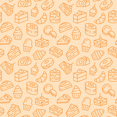 Baked desserts related seamless pattern with cakes, biscuits and pie in line art with editable stroke.