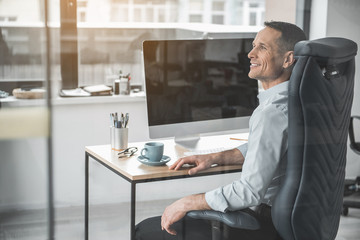 Wall Mural - Side view beaming businessman having job with computer while locating at desk