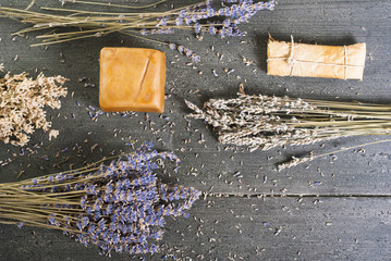 Lavender soap on black wooden table background