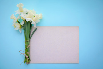 daffodils on blue background with a piece of paper with copy space