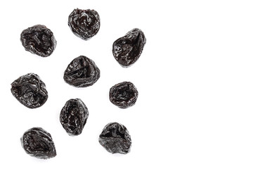 Dried plum - prunes isolated on a white background with copy space for your text. Top view. Flat lay