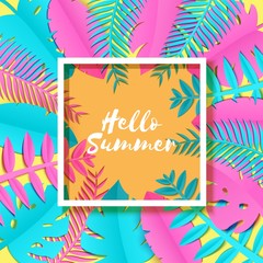 Summer Tropical palm leaves, plants in trandy paper cut style. White square frame on exotic blue pink leaves on yellow sunny background Hawaiian summertime. Rectangular lable Vector card illustration