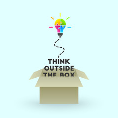 Wall Mural - think outside the box and leadership concept with lightbulb and text emerging out of cardboard box