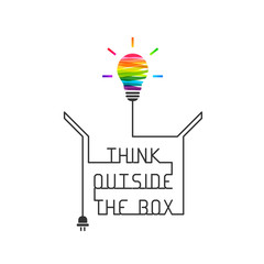 Out of the box thinking concept with colorful  light bulb. Wire forming the saying and box itself on white background.