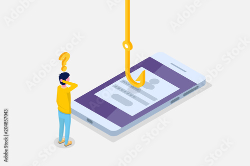 Cuadros en Lienzo Data phishing isometric, hacking online scam on smartphone concept