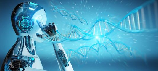 Aufkleber - White male cyborg scanning human DNA 3D rendering