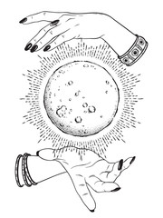 Wall Mural - hand drawn full moon with rays of light in hands of fortune teller line art and dot work. boho chic 