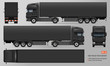 Black trailer truck vector mockup. Isolated template of big lorry on transparent background for vehicle branding, corporate identity. View from left, right, front, back, top sides.
