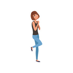 Sticker - Woman standing on one leg afraid of something. Portrait of frightened young girl. Flat vector design