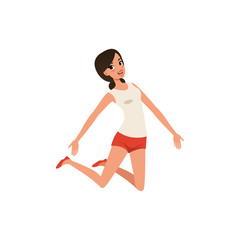 Poster - Happy woman in jumping action. Young girl with joyful face expression. Isolated flat vector design