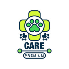 Canvas Print - Care premium logo template design, label for veterinary clinic and animal shelter, green badge for company identity vector Illustration on a white background