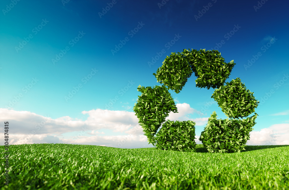 Eco friendly recyclation concept. 3d rendering of green recycle icon on fresh spring meadow with blue sky in background. - obrazy, fototapety, plakaty 