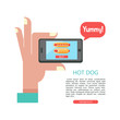 © katedemian - Hot dog. Tasty sausage in a bun. Vector illustration in flat style.