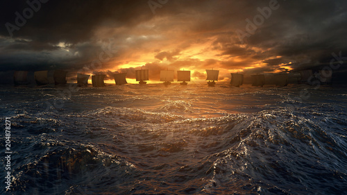 Fotomural Vikings ships under the storm.