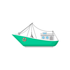 Wall Mural - green fishing boat with trawl net and lifebuoy. ship for industrial seafood production. flat vector 