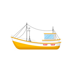 Wall Mural - flat vector icon of yellow fishing trawler. ship with trawling gear and lifebuoys. marine vessel for