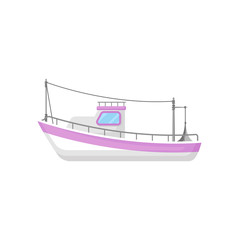 Wall Mural - flat vector icon of fishing boat with trawling gear. industrial marine vessel. ocean or sea theme