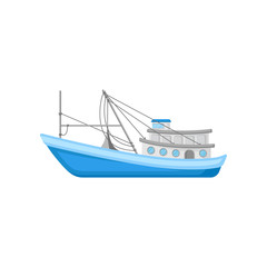 Wall Mural - flat vector icon of large commercial fishing boat with trawling equipment. blue marine vessel for in