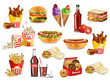 Fast food meals set collection Vector. Realistic detailed collection banner with hotdog, burger, sanwich, french fries, donuts, ice cream, pop corns