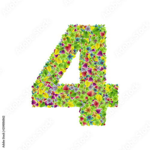 Cuadros en Lienzo Vector colorful botanical garden fresh leaves font, numeral 4