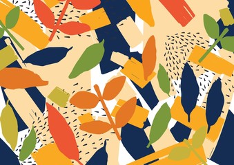 Creative abstract background with scattered stylized leaves. Modern bright colored horizontal backdrop with natural decorations. Trendy decorative vector illustration in contemporary art style.