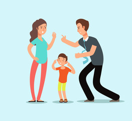 Sticker - Angry husband and wife swear in presence of unhappy scared kid. Family conflict vector cartoon concept