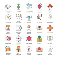  Neural network icons set, cartoon style