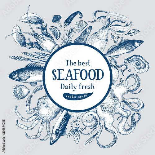 Hand Drawn Frame With Seafood And Fishes Vector Background For