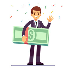 Poster - Happy teenager winner holding money dollars prize. Lottery, good luck and casino gambling vector concept