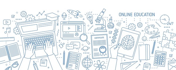 Horizontal banner with hands typing on computer and various office supplies drawn with contour lines on white background. Online education, internet studying. Vector illustration in lineart style.